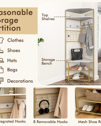 Giantex Corner Hall Tree, 73" Tall Coat Rack w/Shoe Storage Bench, 12 Metal Hooks, 5-Tier Entryway Shoes Shelf Organizer