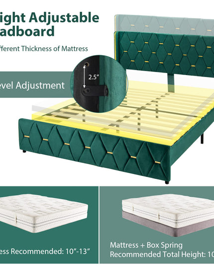 Giantex Upholstered Platform Bed Frame, Full Size Bed with Adjustable Headboard & Wooden Slat Support