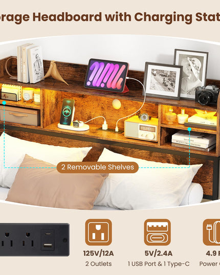 Giantex Full Size Industrial Metal Bed Frame with LED Lights & Charging Station