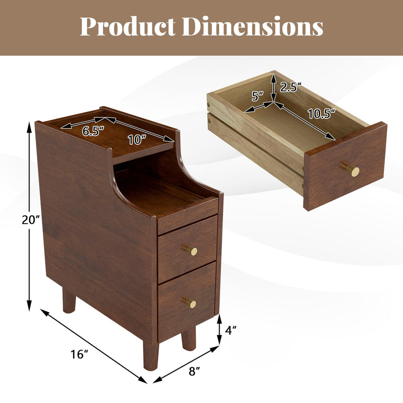 Giantex Narrow Nightstand with 2 Drawers & Pull-Out Tray for Small Spaces