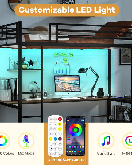 Giantex Twin Loft Bed with L-Shaped Desk, Metal Loft Bed Frame with LED Lights