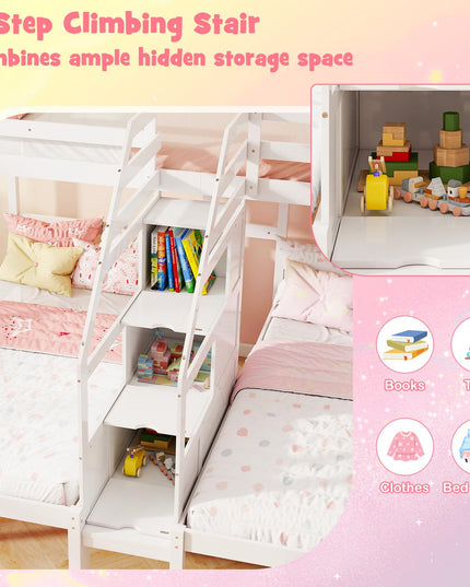 Giantex Lit Superposé Triple (Lits Jumeaux sur Lits Jumeaux et Lits Jumeaux) avec Escalier de Rangement à 4 Marches, 3 Lits Superposés en Bois pour Enfants et Adolescents