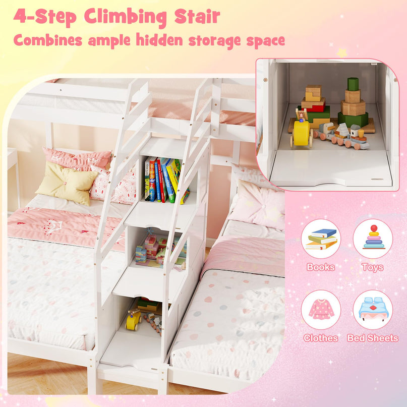 Giantex Lit Superposé Triple (Lits Jumeaux sur Lits Jumeaux et Lits Jumeaux) avec Escalier de Rangement à 4 Marches, 3 Lits Superposés en Bois pour Enfants et Adolescents