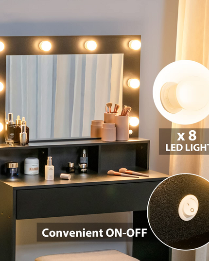 CHARMAID Vanity Table Set with Lighted Mirror, 8 Bulbs, Large Drawer