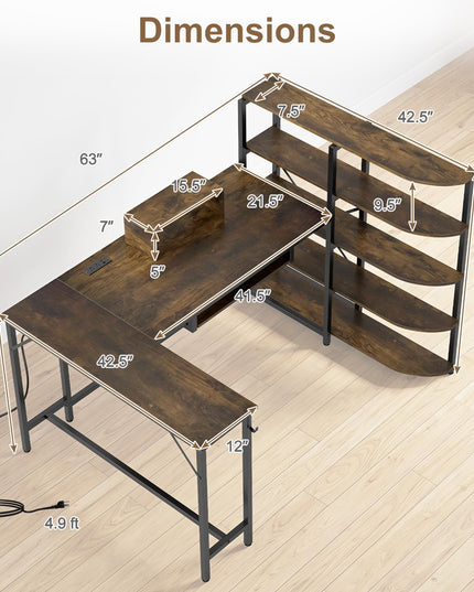Giantex 63" U-Shaped Computer Desk with 5-Tier Bookshelf