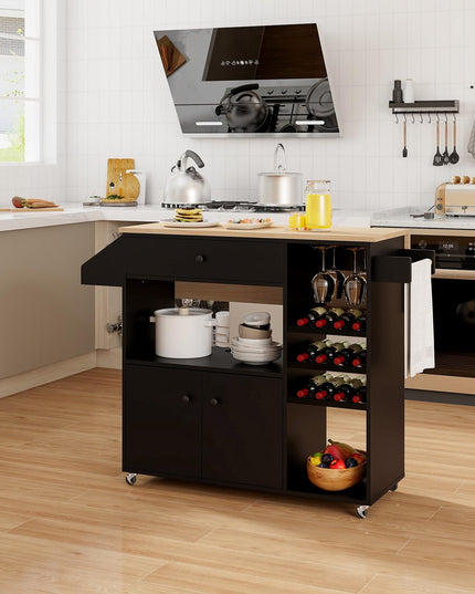 Giantex Rolling Kitchen Island Cart with Drop Leaf, Power Outlet, Spice Rack, 12 Wine Rack