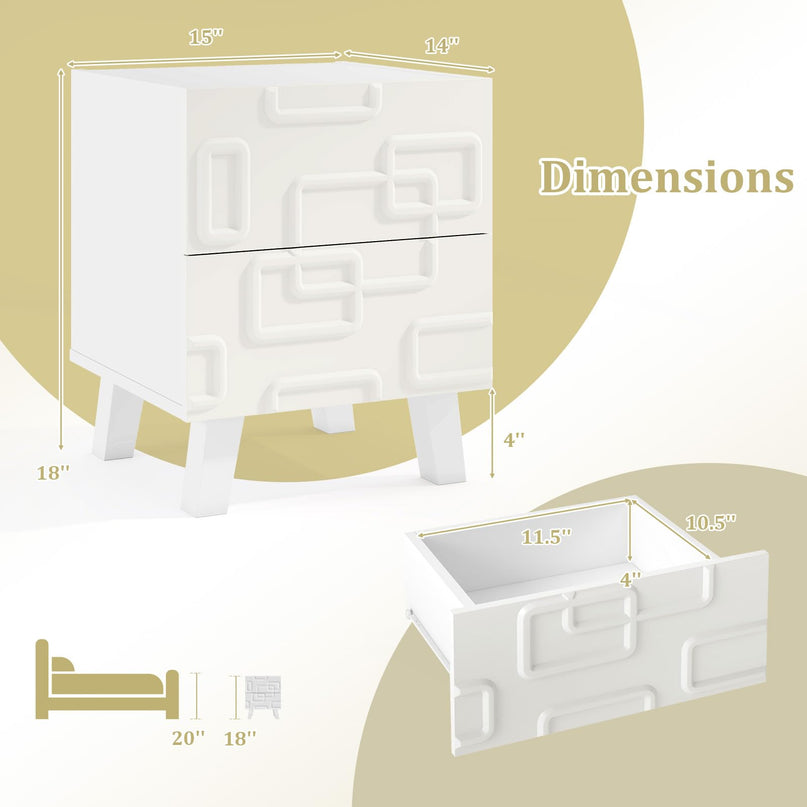 Giantex 2-Drawer Bedside Table with 3D Geometric Patterns for Small Space