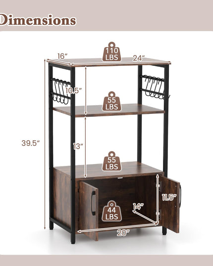 Giantex Kitchen Bakers Rack with Storage, 3-Tier Industrial Microwave Stand with Open Shelves and 10 Removable S-Shaped Hooks