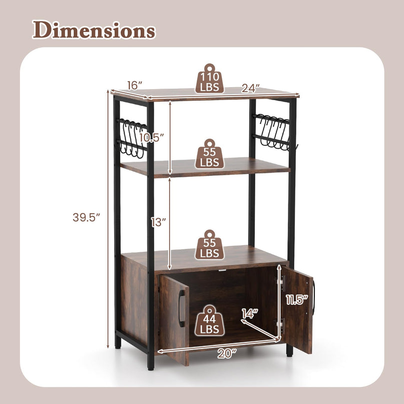 Giantex Kitchen Bakers Rack with Storage, 3-Tier Industrial Microwave Stand with Open Shelves and 10 Removable S-Shaped Hooks