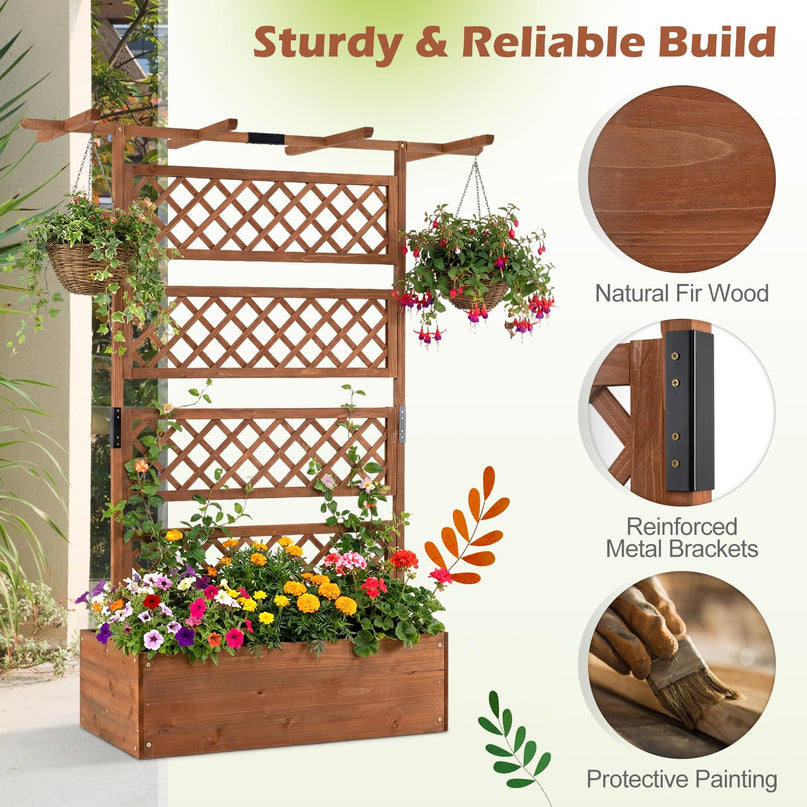 Giantex Raised Garden Bed with Trellis 1/2 Pack 72'' Wooden Planter Box(60"Lx22”Wx 72"H)