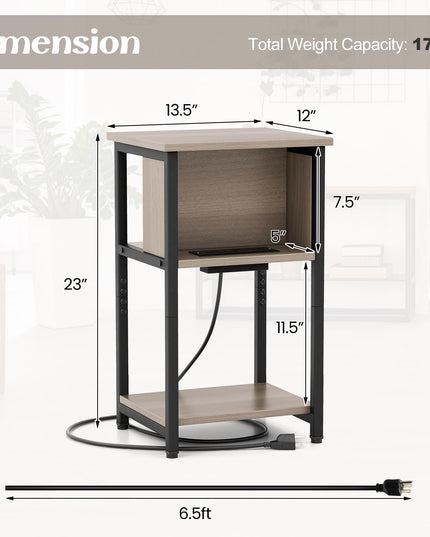 Giantex Nightstand with Charging Station, 3-Tier End Table with USB Ports & Power Outlets