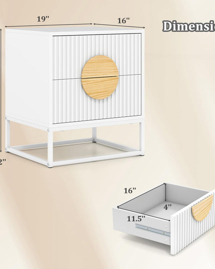 Giantex Fluted Nightstand with 2 Drawers Natural Circle Handle & Metal Frame