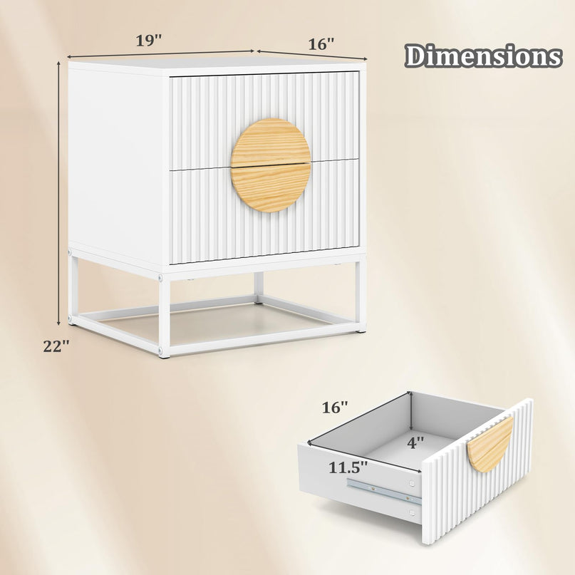 Giantex Fluted Nightstand with 2 Drawers Natural Circle Handle & Metal Frame
