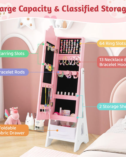 CHARMAID Kids Mirror Jewelry Cabinet - Standing Full Length Mirror with Jewelry Storage