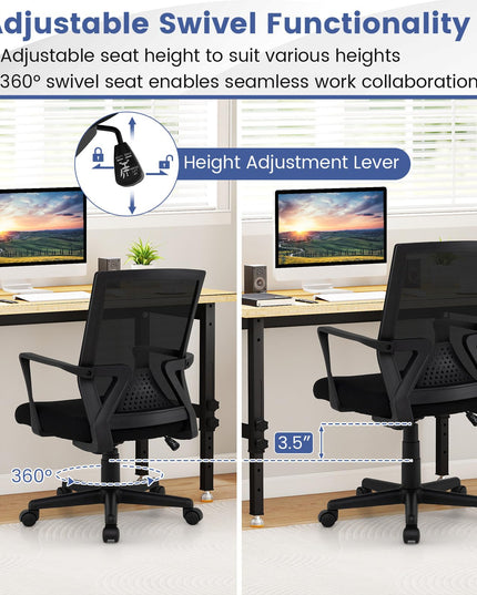 Chaise de bureau Giantex avec support lombaire, chaise de bureau ergonomique en maille avec roulettes et accoudoirs