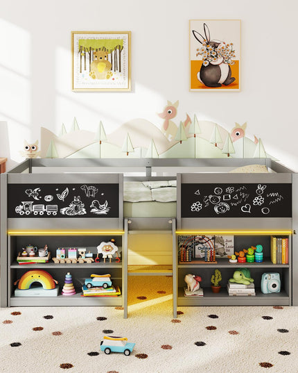 Giantex Low Loft Bed with LED Lights Wooden Twin Size Loft Bed（Twin with Light）