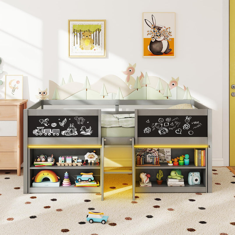 Giantex Low Loft Bed with LED Lights Wooden Twin Size Loft Bed（Twin with Light）