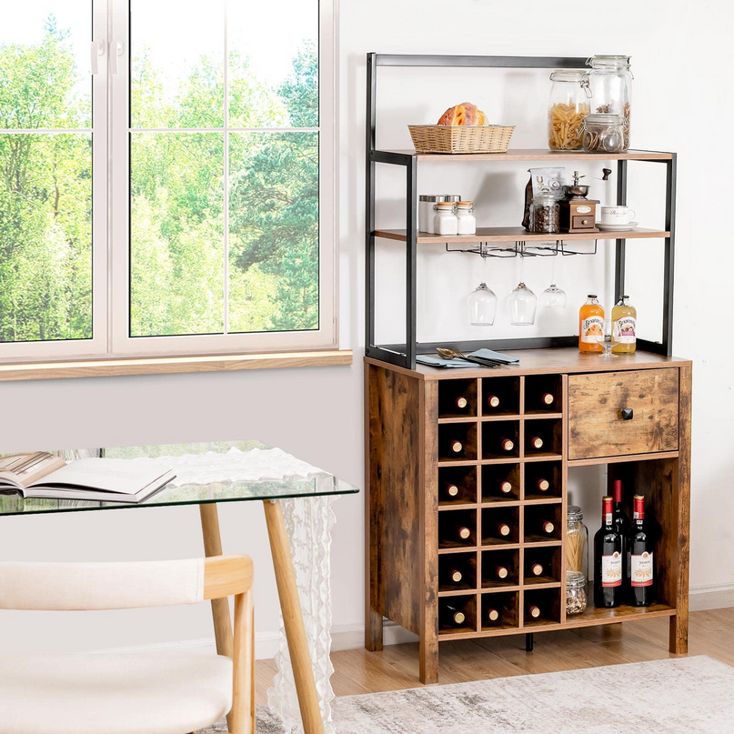 Giantex Sideboard with Hutch, 18 Bottles Wood Wine Rack, 1 Drawer, Standing 4-Tier Bakers Rack with Glass Holder