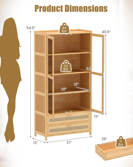 GIANTEX 54.5" Tall 6-Tier Freestanding Bamboo Bookshelf with 2 Acrylic Doors and 2 Drawers