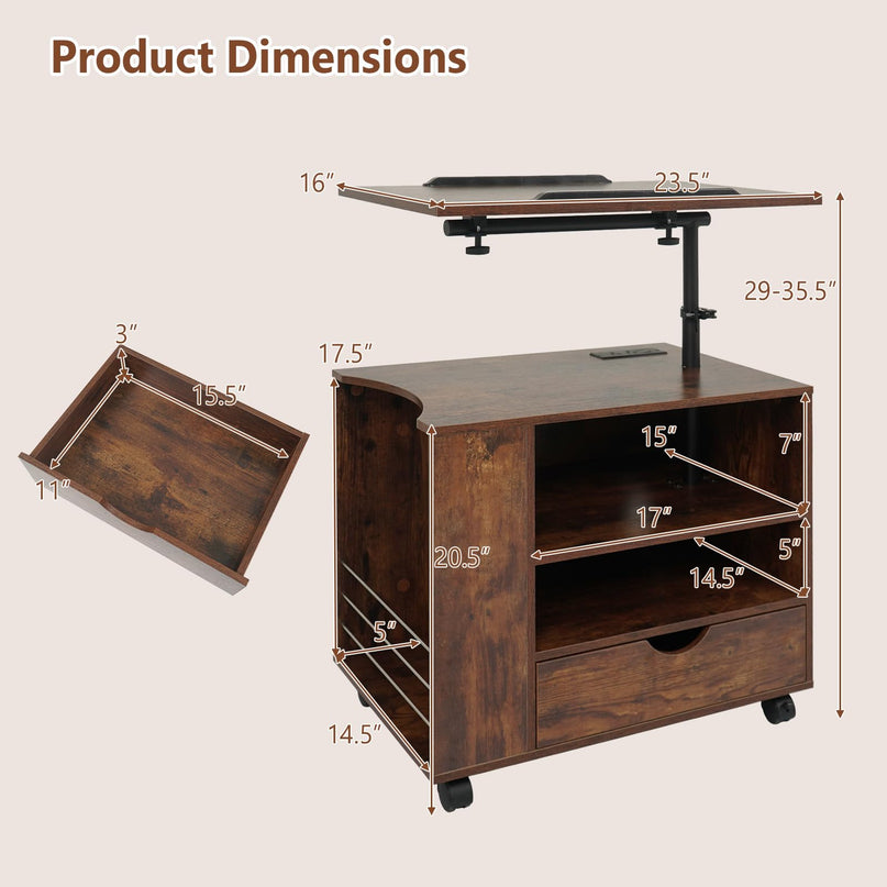 GIANTEX LED Rolling Nightstand with Charging Station & Laptop Tray
