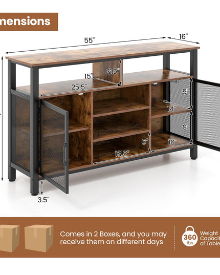 Giantex Coffee Bar Cabinet for Liquor and Glasses, 55” Buffet Sideboard with 8-Bottle Wine Racks, 6 Rows of Wine Glass Holders