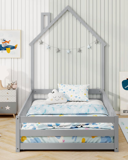 Giantex Twin Floor Bed, House-Shaped Montessori Bed Frame with Headboard, Full-Length Guardrail