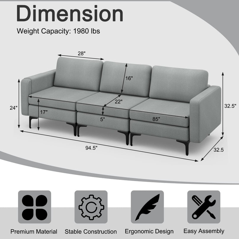 Giantex 3 Seat Sectional Sofa Couch, 94.5" L Modular Sleeper