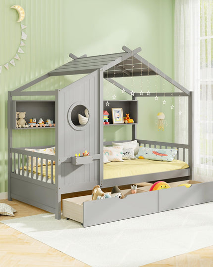 Giantex Twin House Bed with 2 Storage Drawers, Kids Bed Frame with Storage Cubes, Montessori Bed with Fence Guardrails & Roof