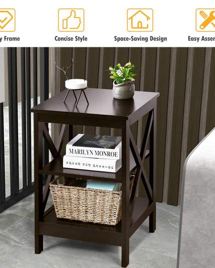 Nightstand 3-Tier X-Design W/Storage Shelves and Stable Structure Storage Organizer Display Sofa Side Table