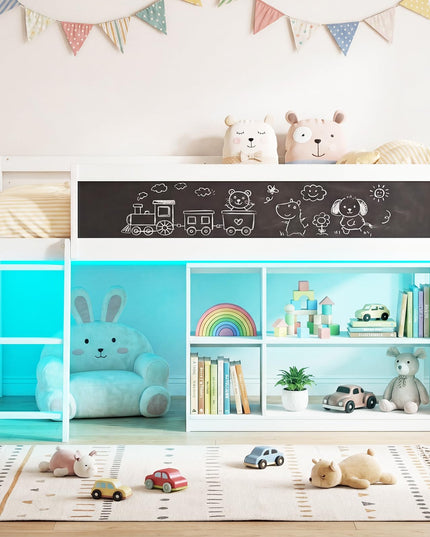 Lit mezzanine bas Giantex pour lit jumeau avec lumières LED, bibliothèque amovible et espace de rangement sous le lit