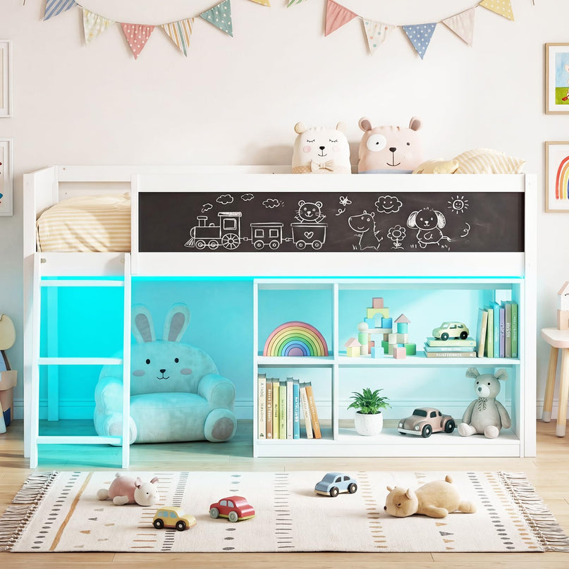 Lit mezzanine bas Giantex pour lit jumeau avec lumières LED, bibliothèque amovible et espace de rangement sous le lit