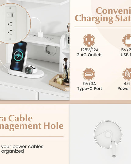 CHARMAID White Makeup Vanity Desk with Mirror & Charging Station