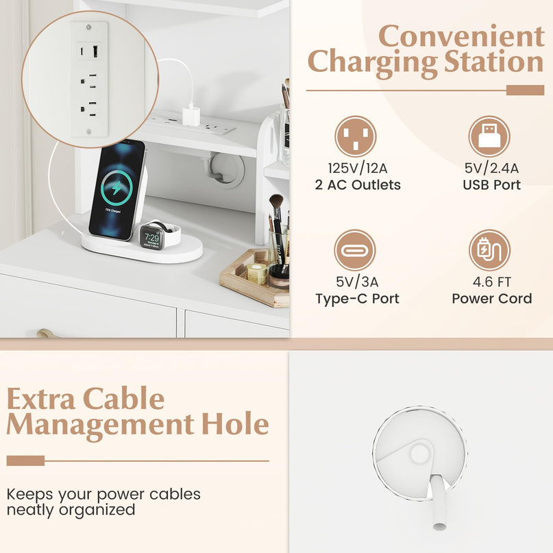 CHARMAID White Makeup Vanity Desk with Mirror & Charging Station