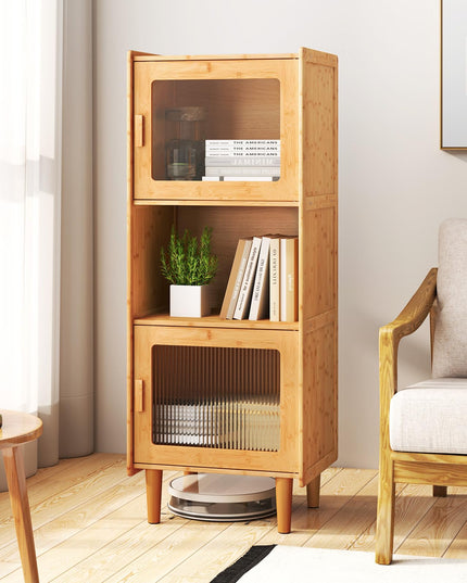 Giantex Bamboo Storage Cabinet, 3-Cube Bookcase, Freestanding Liquor Display Sideboard with 2 Single Doors