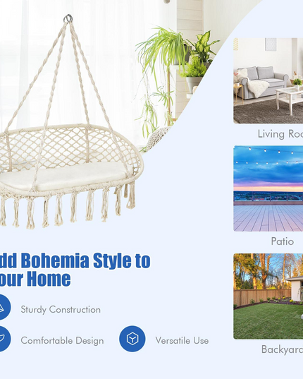 Hammock Chair 2 Seat, Macrame Hanging Chair with Cushion