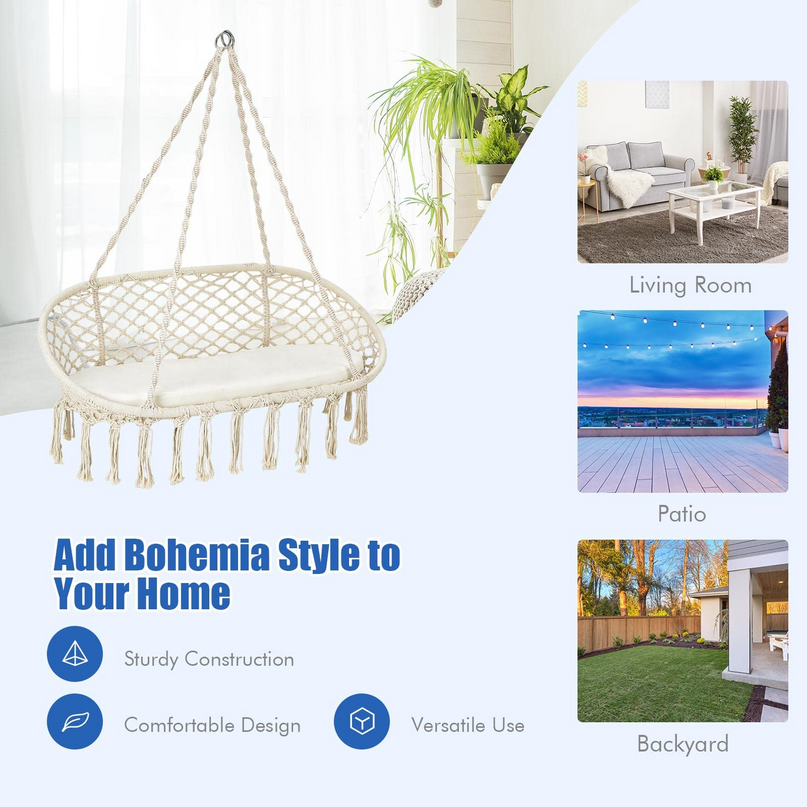 Hammock Chair 2 Seat, Macrame Hanging Chair with Cushion