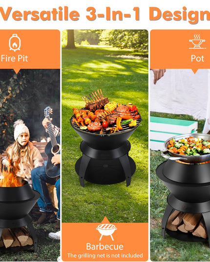 Giantex 3-in-1 Smokeless Fire Pit, 20" Wood Burning Firepit w/Removable Wok Ring & Ash Pan