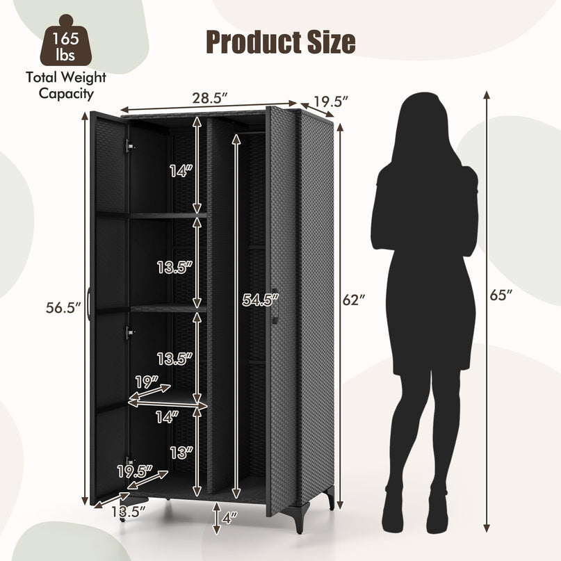Giantex Wicker Storage Cabinet, 62” Tall Pantry Cabinet with 2 Doors, Hanging Rod, 4 Storage Cubes