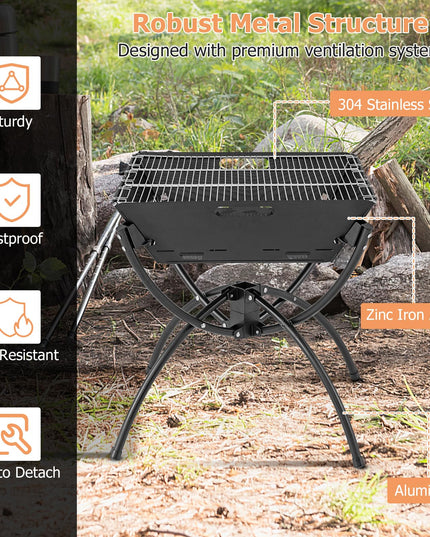 Giantex Folding Campfire Grill, Camping Fire Pit with Stainless Steel Grates, Collapsible Aluminum Legs, Carry Bag