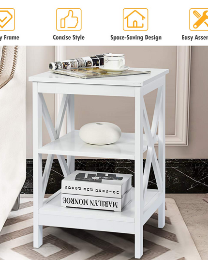 Nightstand 3-Tier X-Design W/Storage Shelves and Stable Structure Storage Organizer Display Sofa Side Table