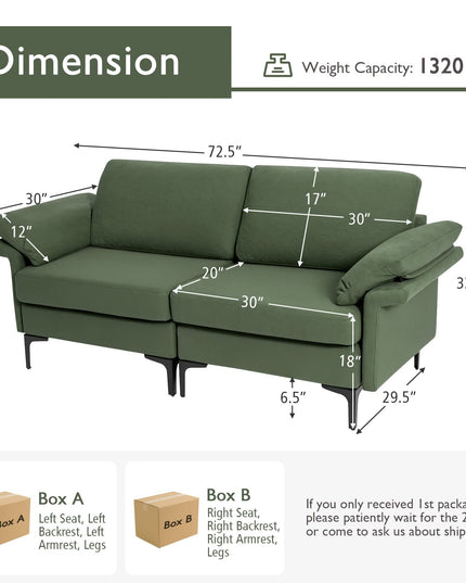 Giantex 72.5" L Loveseat, 2-Seat Sofa Couch with Removable Armrest Pillows