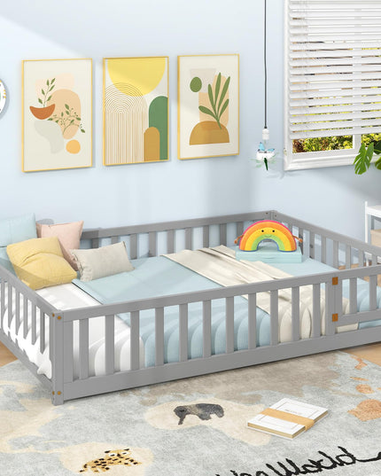 Giantex Full Size Floor Bed for Kids, Montessori Floor Bed with Wood Slats & Safety Guardrails