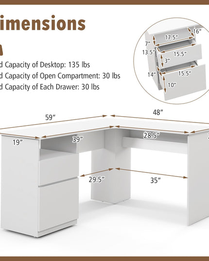 Giantex L Shaped Computer Desk with Drawers, 59" Corner Desk Workstation with Storage Shelf & Cable Holes