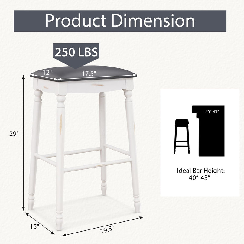 Giantex Bar Stools, 29"/24" Bar Height Saddle Stools w/Padded Seat, Rubber Wood Legs, Footrests & Antiqued Surface