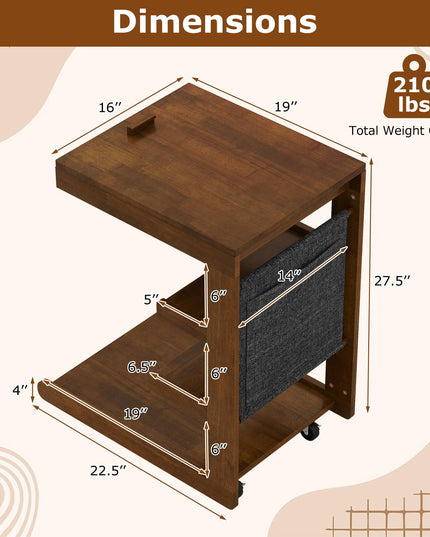 Giantex C-Shaped End Table with Wheels Adjustable Desktop Edge Stopper & 3 Storage Shelves
