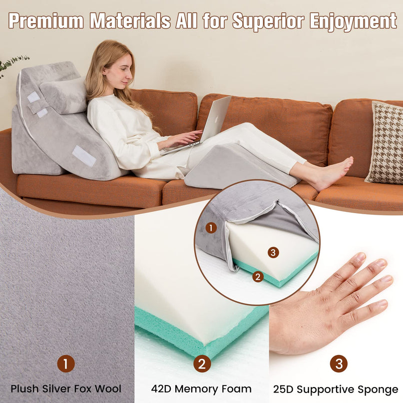 Giantex 4PCS Orthopedic Bed Wedge Pillow Set, Post Surgery Memory Foam Pillows for Sleeping(Grey)