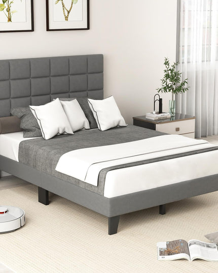 Giantex Full Size Platform Bed, Linen Fabric Upholstered Bed Frame with Adjustable Headboard & Wooden Slat Support