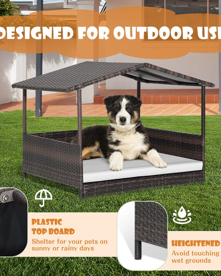 Giantex Wicker Dog House, Raised Rattan Dog Bed with Roof, Removable Cushion and Steel Frame