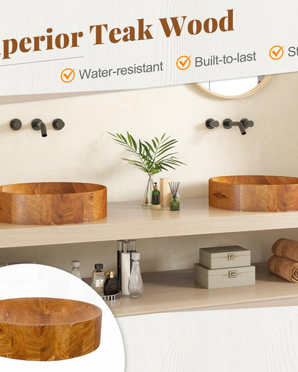 Giantex Teak Wood Vessel Sink - Bathroom Washbasin with Smooth Finish, 2.5” Drain Hole for 1 5/8" Drainage (16” x 16” x 4”)