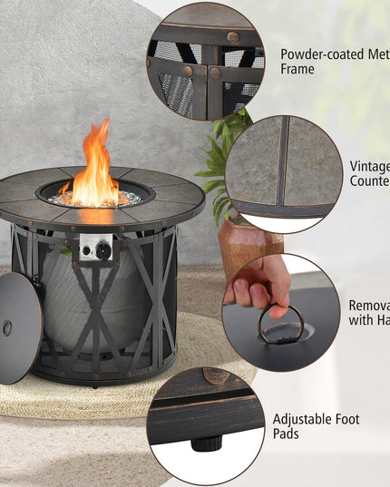 Giantex 32" Gas Fire Pit Table - 30,000 BTU Round Outdoor Fire Pit with Lid, PVC Cover, Glass Stones, Black